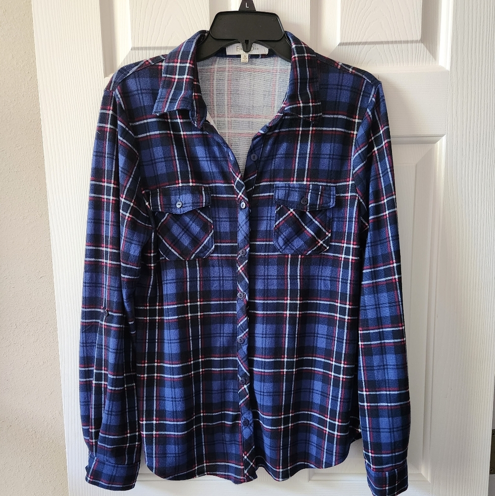 Evan & Olivia Soft Stretch Blue Plaid Button Up Shirt Size Medium